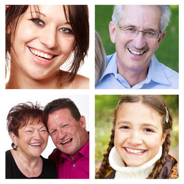 Weitblick Therapie und Coaching Fotos mit einer lächelnden Frau, einem lächelnden Mann, einem lächelnden Paar und einem lächelnden Kind.